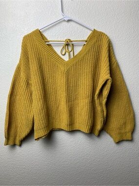Yoins Chunky Cable Knit Mustard Sweater Balloon Sleeve Boho Cottagecore M